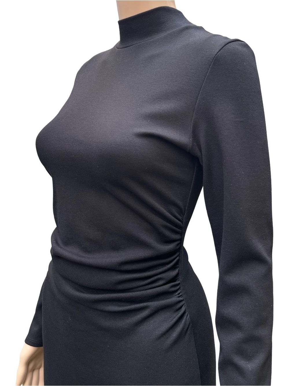 Zara Black Ruched Mock Neck Bodycon Midi Dress